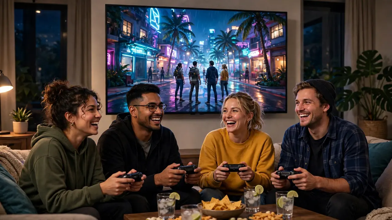 Friends playing GTA 6 Online together in a living room while Leonida glows on the TV screen