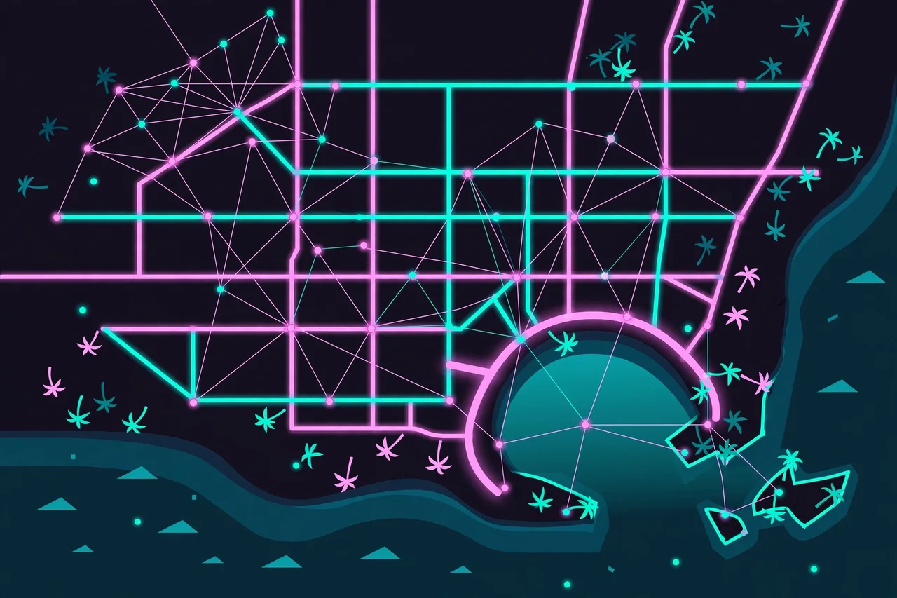 A stylized map of Leonida at night with glowing streets and connected locations across the GTA 6 Online world