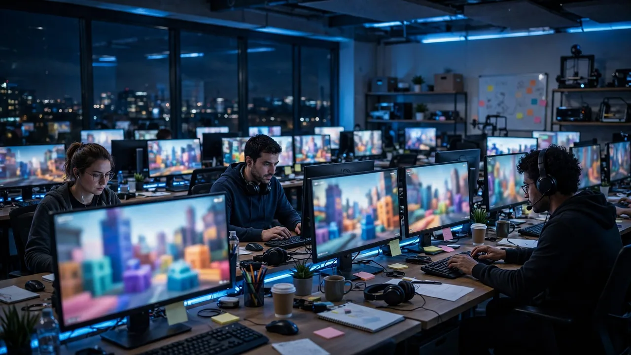 Developers building the world of GTA 6 in a game studio at night