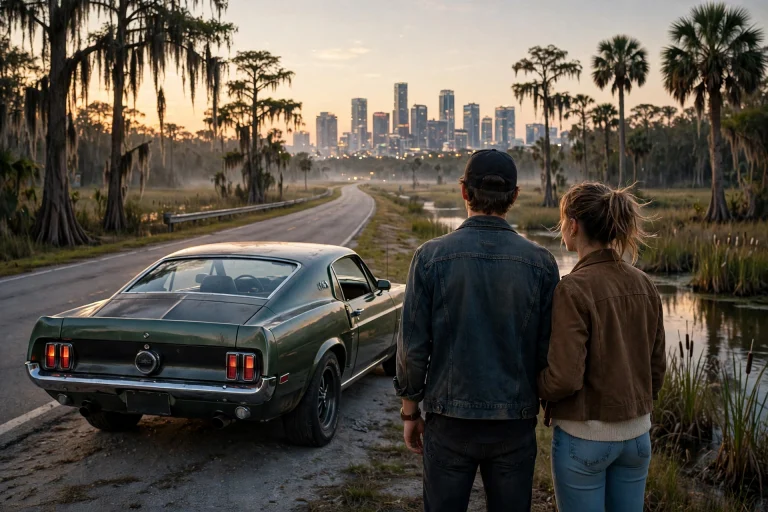 GTA 6 development story, Jason and Lucia beside a muscle car on a Leonida highway at golden hour