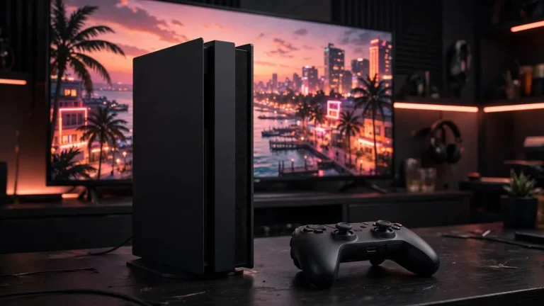 GTA 6 Xbox console and controller with a TV showing the Leonida coastline at sunset