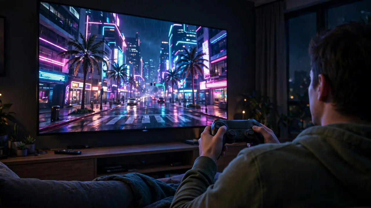 A player holding an Xbox controller playing GTA 6 on a large TV at night