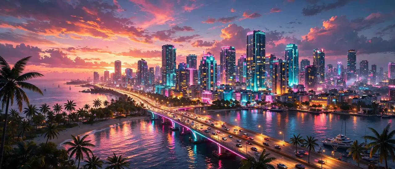 GTA 6 Leonida skyline at sunset, neon Vice City beachfront and palm trees