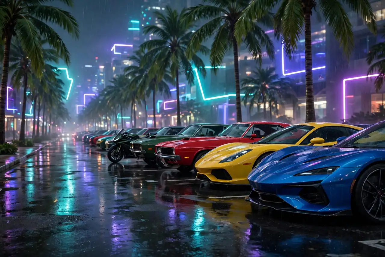 GTA 6 cars lineup on a neon Leonida boulevard at night