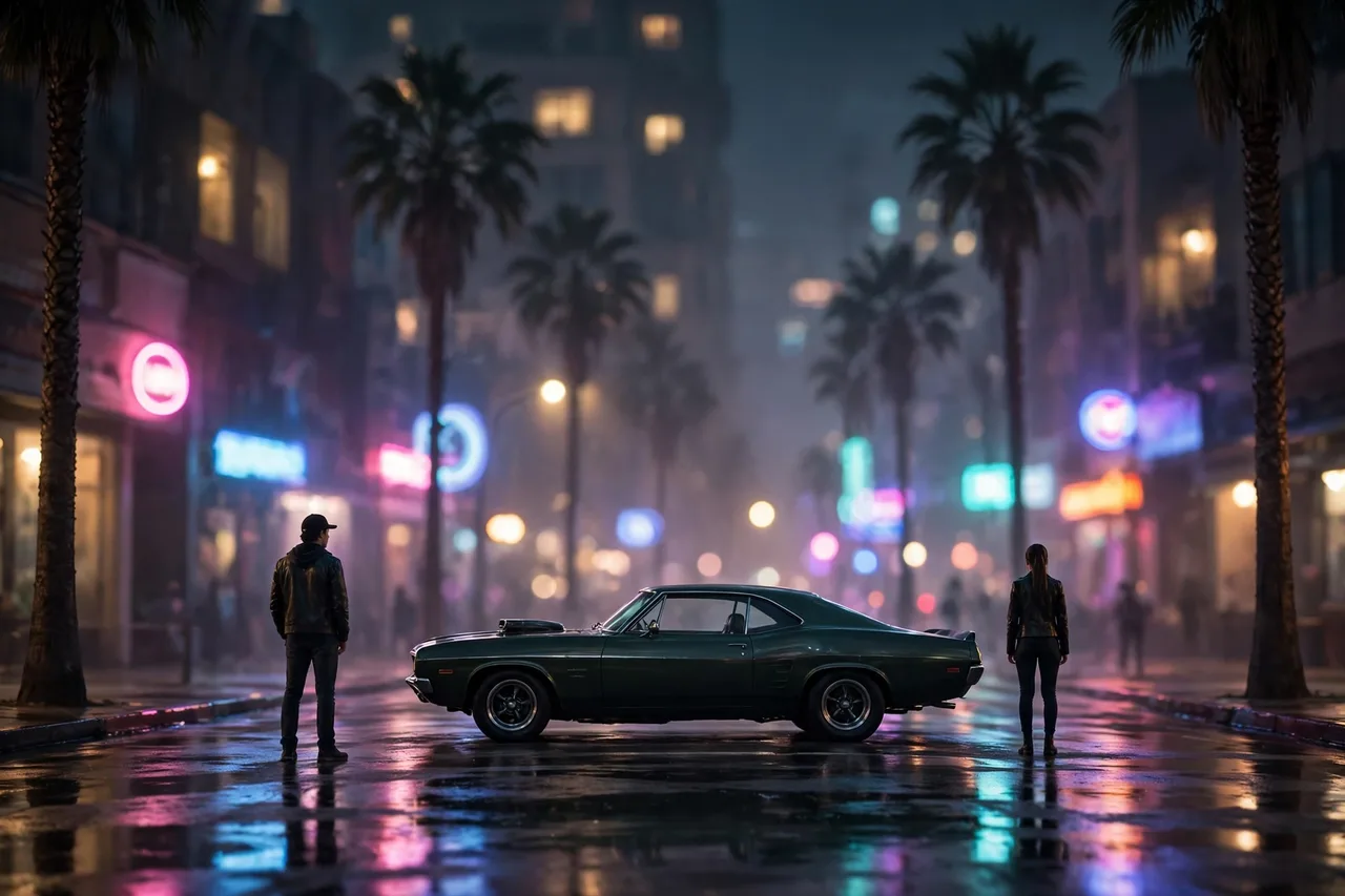 GTA 6 story duo standing by a muscle car on a neon Leonida street at night